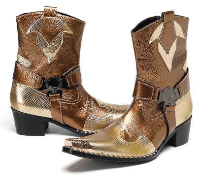 Mens Top-Grain Leather High Top Western Cowboy Boots