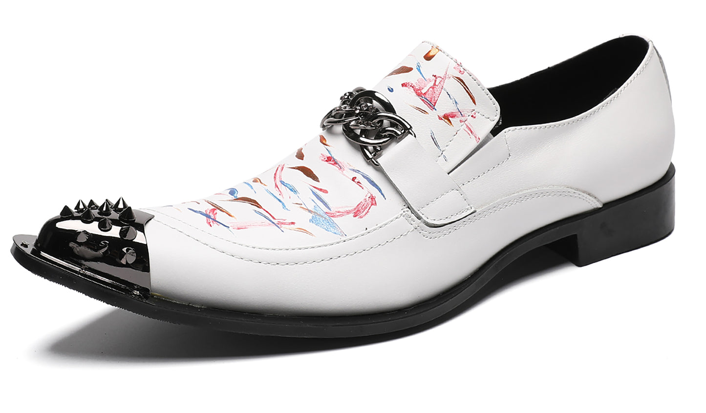 Mens White Dress Metal Wingtip Toe Western Loafers
