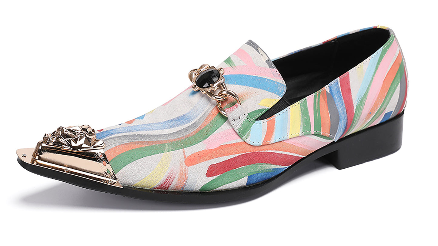 Mens Metal-Tip Toe Graffiti Gold Chain Western Loafers