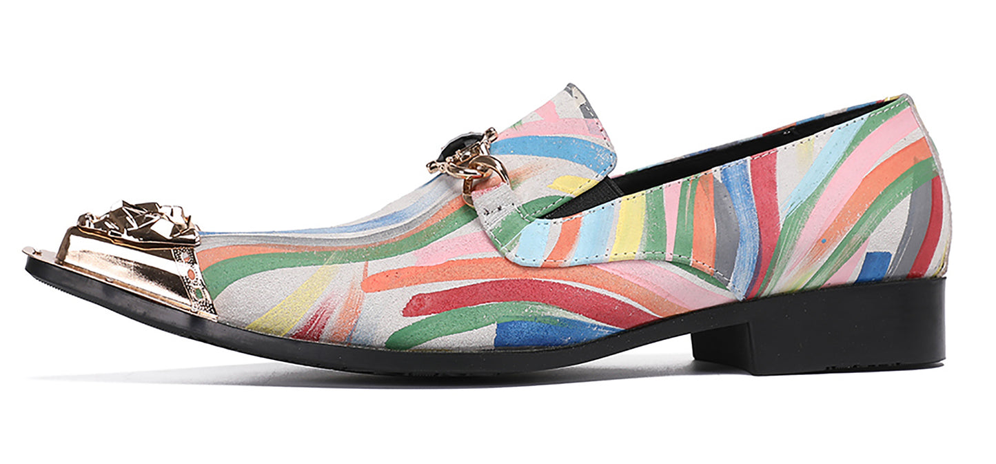 Mens Metal-Tip Toe Graffiti Gold Chain Western Loafers