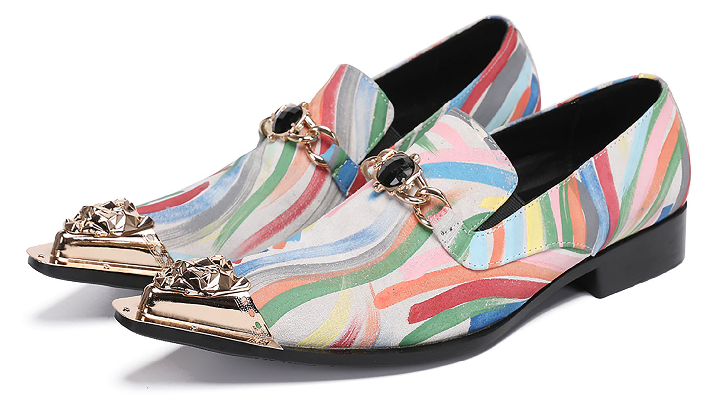 Mens Metal-Tip Toe Graffiti Gold Chain Western Loafers