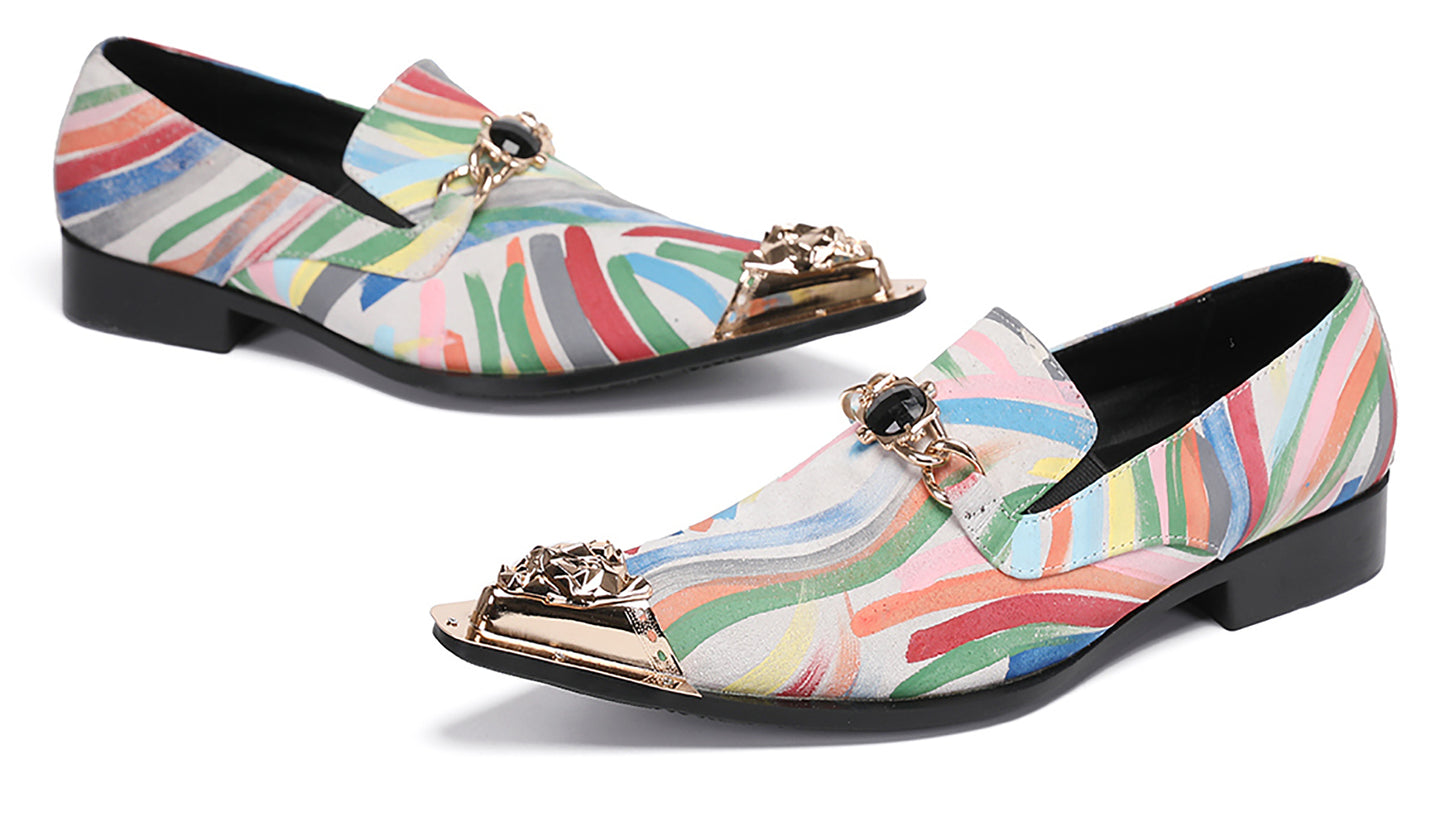 Mens Metal-Tip Toe Graffiti Gold Chain Western Loafers