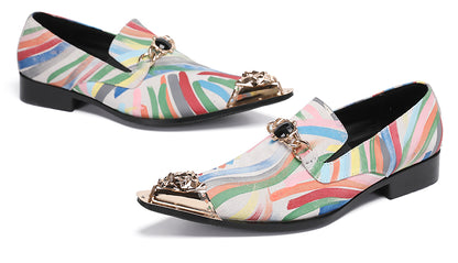 Mens Metal-Tip Toe Graffiti Gold Chain Western Loafers