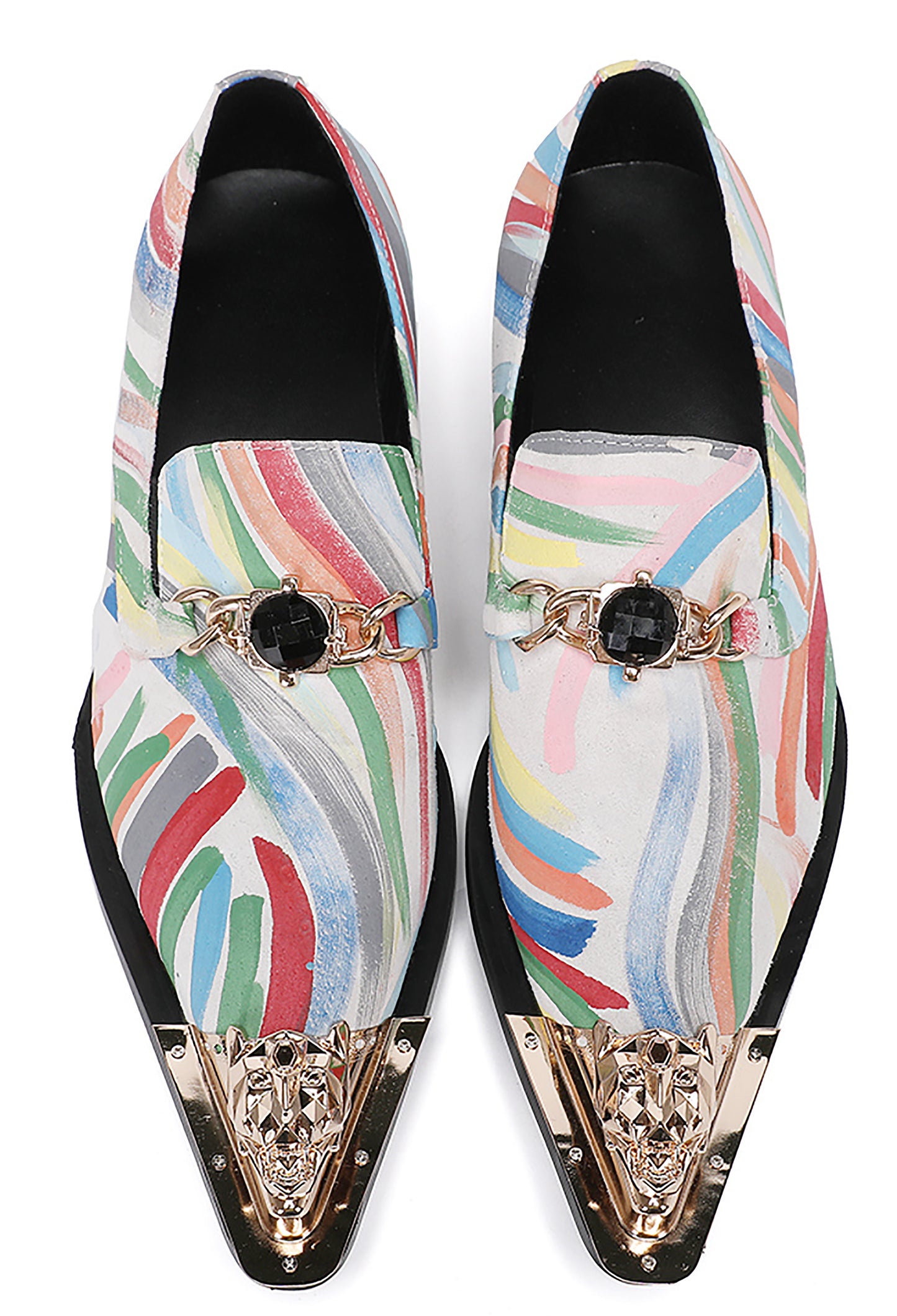 Mens Metal-Tip Toe Graffiti Gold Chain Western Loafers