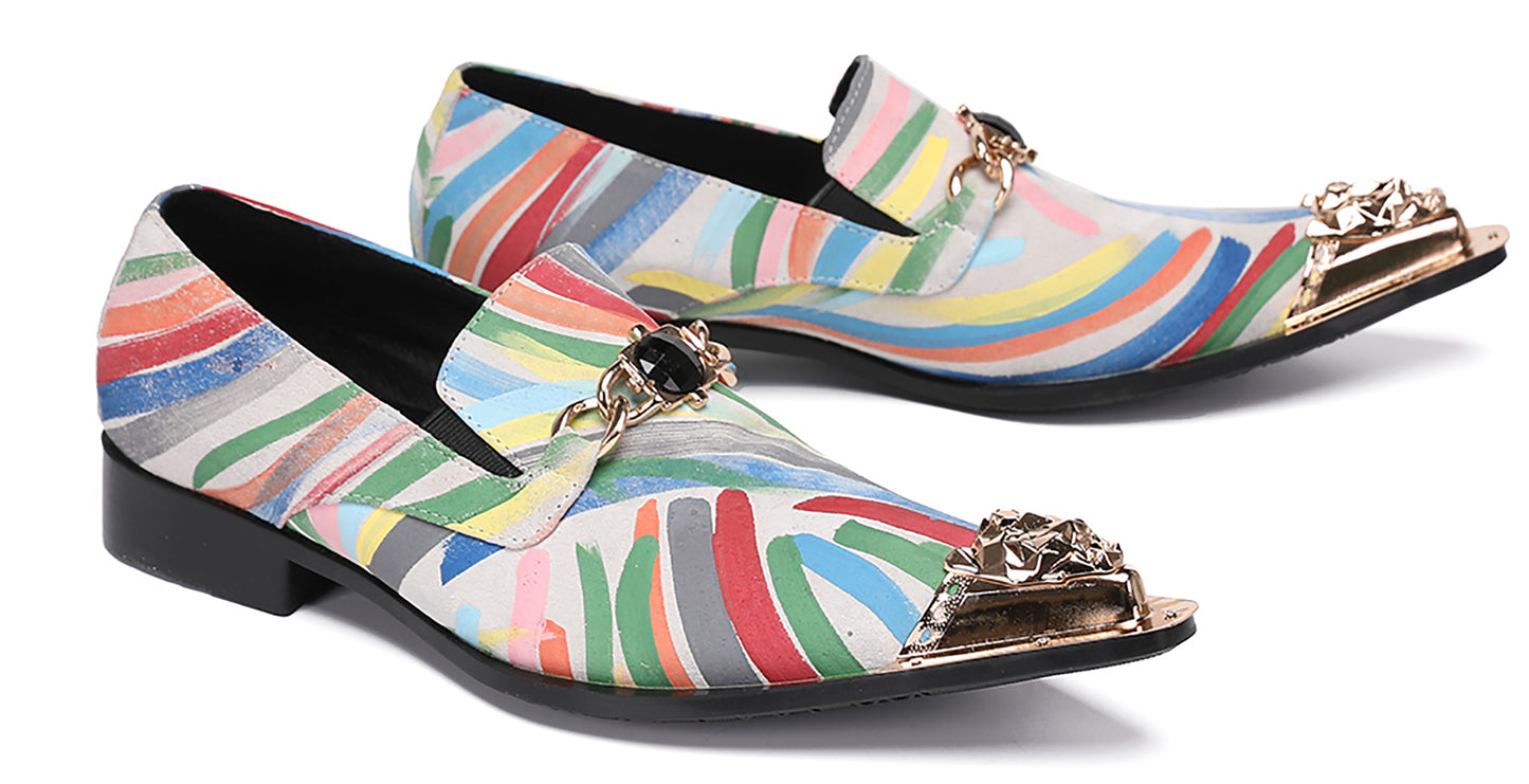 Mens Metal-Tip Toe Graffiti Gold Chain Western Loafers