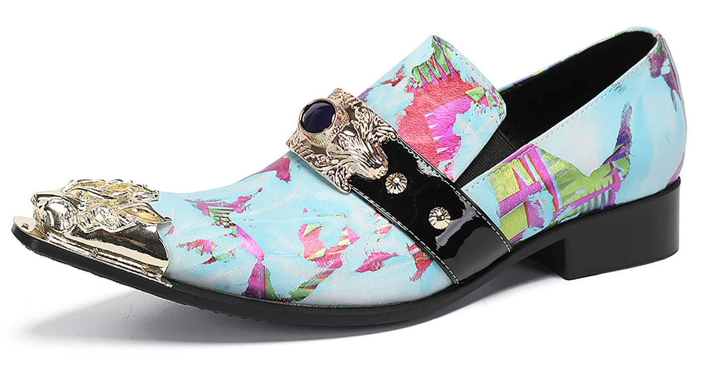 Mens Metal-Tip Toe Black Gemstone Western Loafers