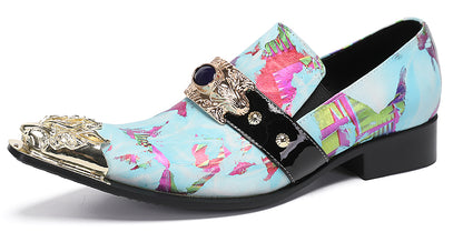 Mens Metal-Tip Toe Black Gemstone Western Loafers