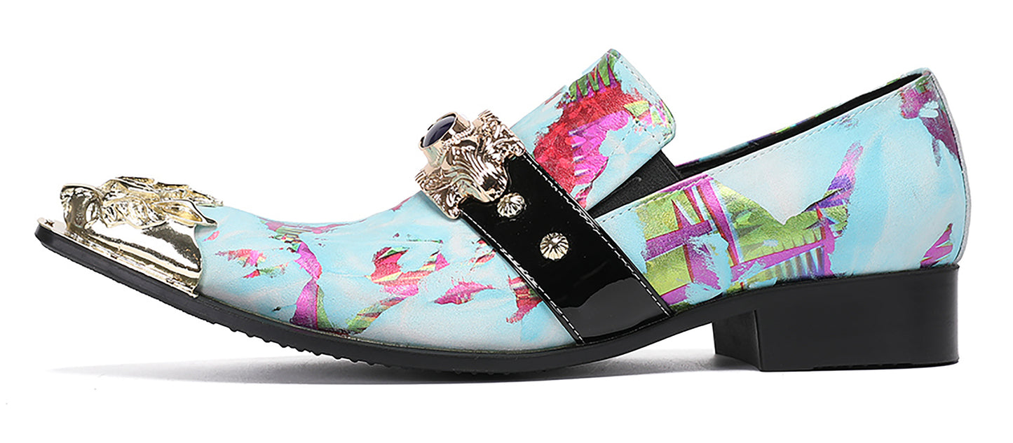 Mens Metal-Tip Toe Black Gemstone Western Loafers