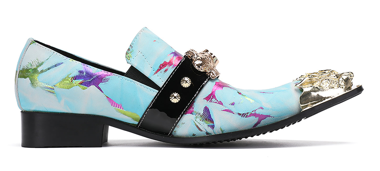 Mens Metal-Tip Toe Black Gemstone Western Loafers