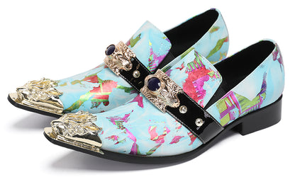 Mens Metal-Tip Toe Black Gemstone Western Loafers
