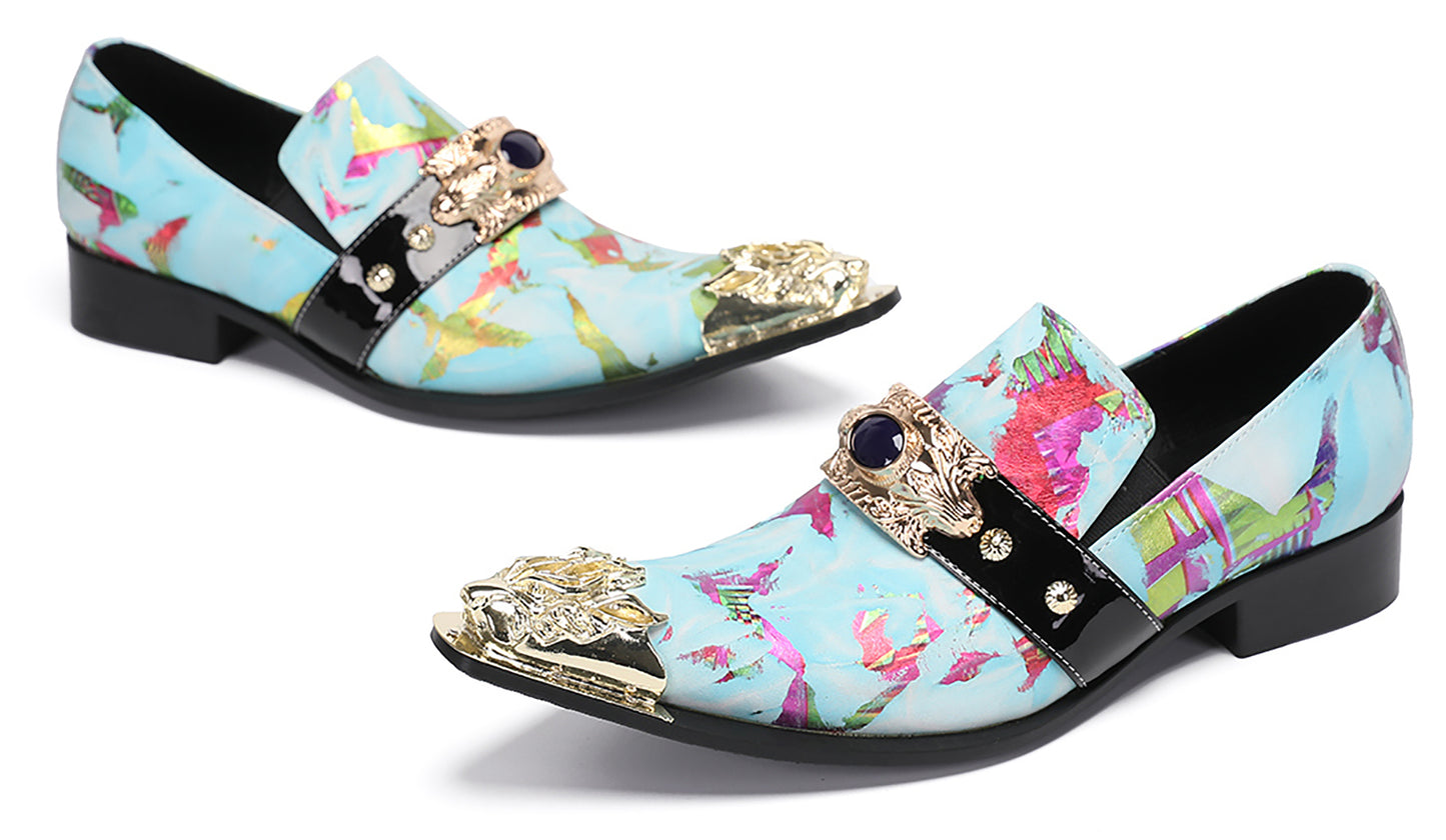 Mens Metal-Tip Toe Black Gemstone Western Loafers
