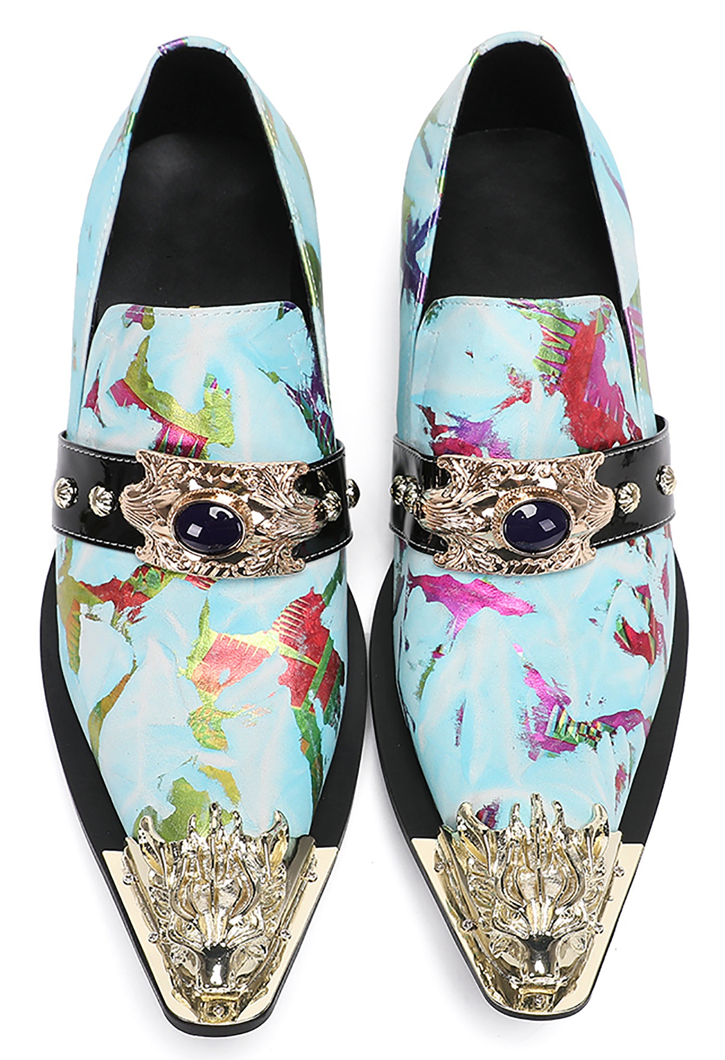 Mens Metal-Tip Toe Black Gemstone Western Loafers