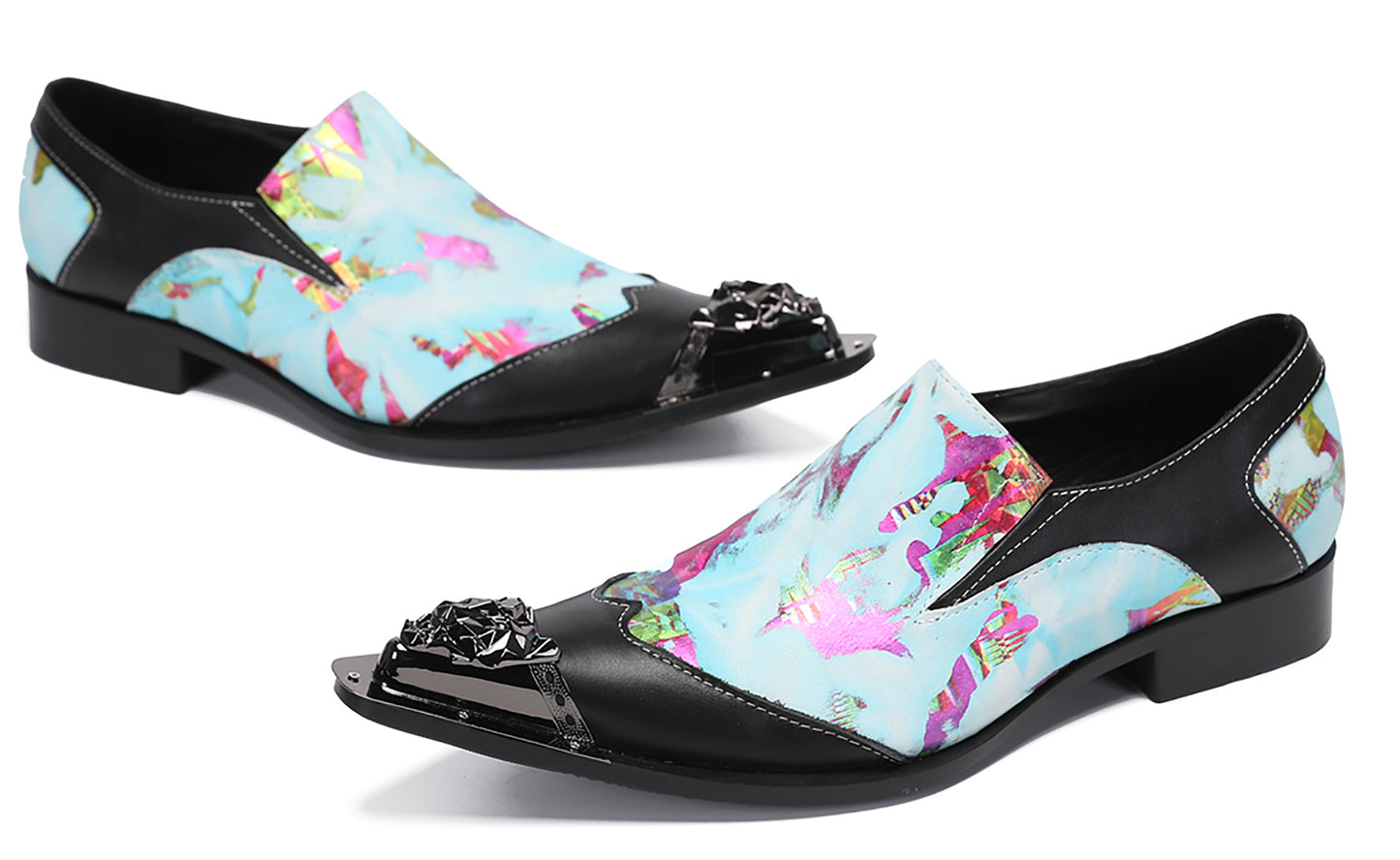 Mens Metal-Tip Toe Black Gemstone Western Loafers