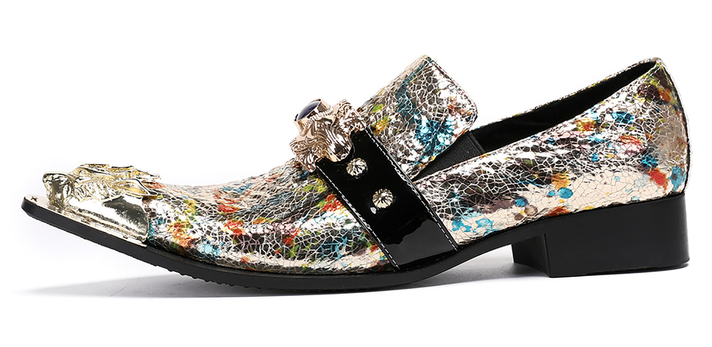 Mens Metal-Tip Toe Black Gemstone Western Loafers