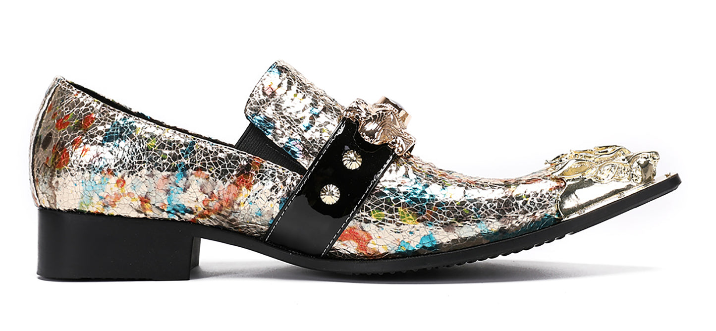 Mens Metal-Tip Toe Black Gemstone Western Loafers