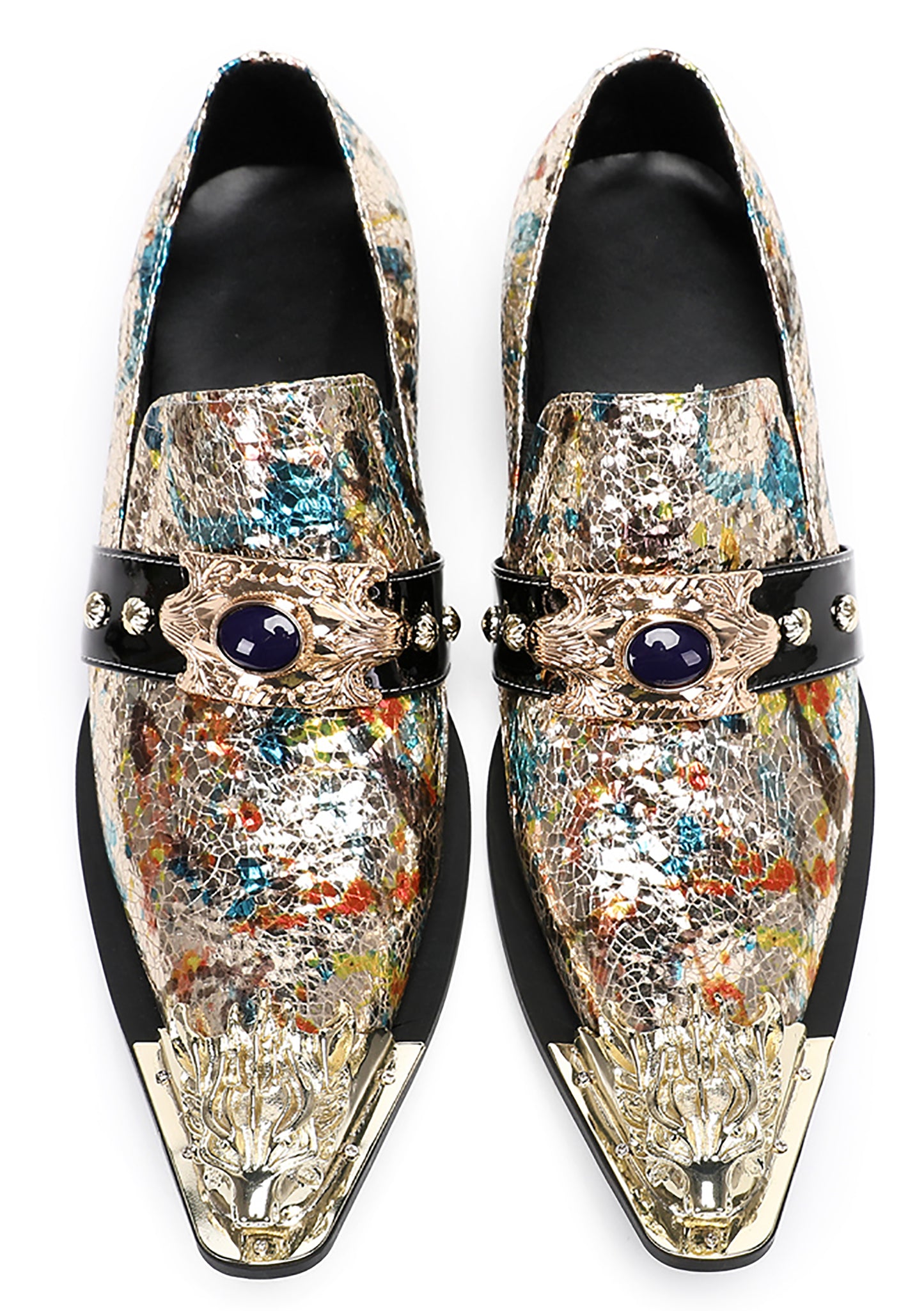Mens Metal-Tip Toe Black Gemstone Western Loafers