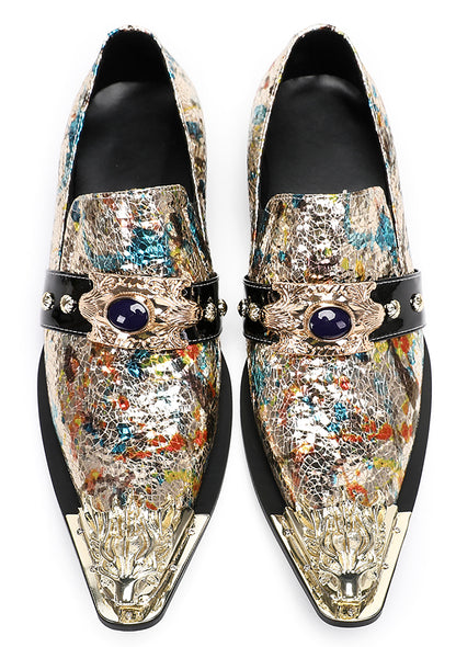 Mens Metal-Tip Toe Black Gemstone Western Loafers