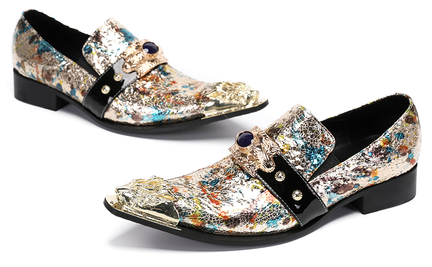 Mens Metal-Tip Toe Black Gemstone Western Loafers