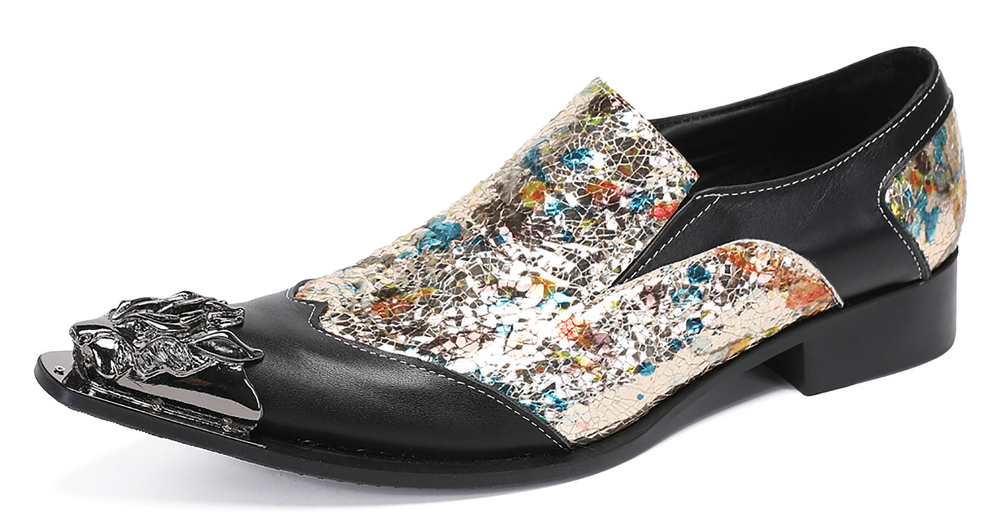 Mens Metal-Tip Toe Black Gemstone Western Loafers