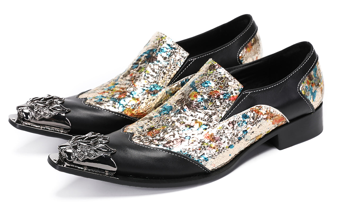 Mens Metal-Tip Toe Black Gemstone Western Loafers