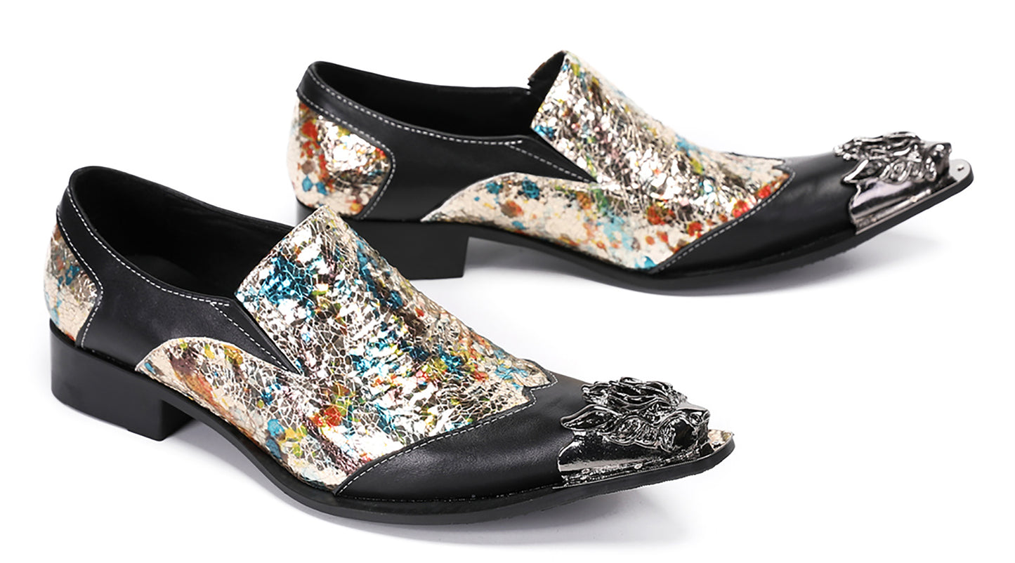 Mens Metal-Tip Toe Black Gemstone Western Loafers