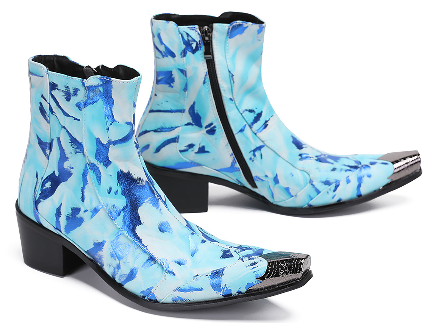 Mens Metal Pointed Toe Heel Zipper Pull Cowboy Western Boots