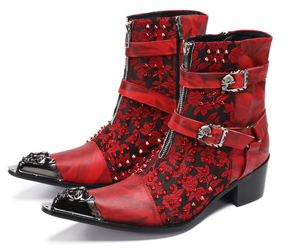 Mens Party Dress Metal-Tip Toe Skeleton Button Cowboy Western Boots