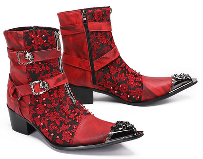 Mens Party Dress Metal-Tip Toe Skeleton Button Cowboy Western Boots