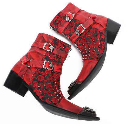 Mens Party Dress Metal-Tip Toe Skeleton Button Cowboy Western Boots