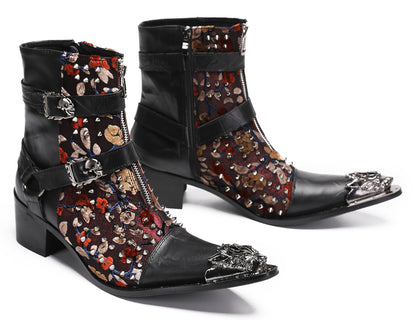 Mens Party Dress Metal-Tip Toe Skeleton Button Cowboy Western Boots