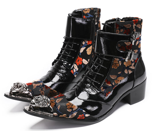 Mens Metal-Tip Toe Patent Leather Cowboy Western Boots
