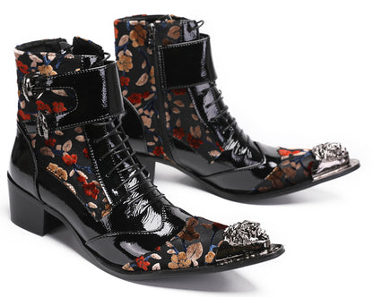 Mens Metal-Tip Toe Patent Leather Cowboy Western Boots