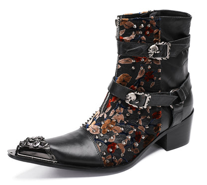 Mens Party Dress Metal-Tip Toe Skeleton Button Cowboy Western Boots