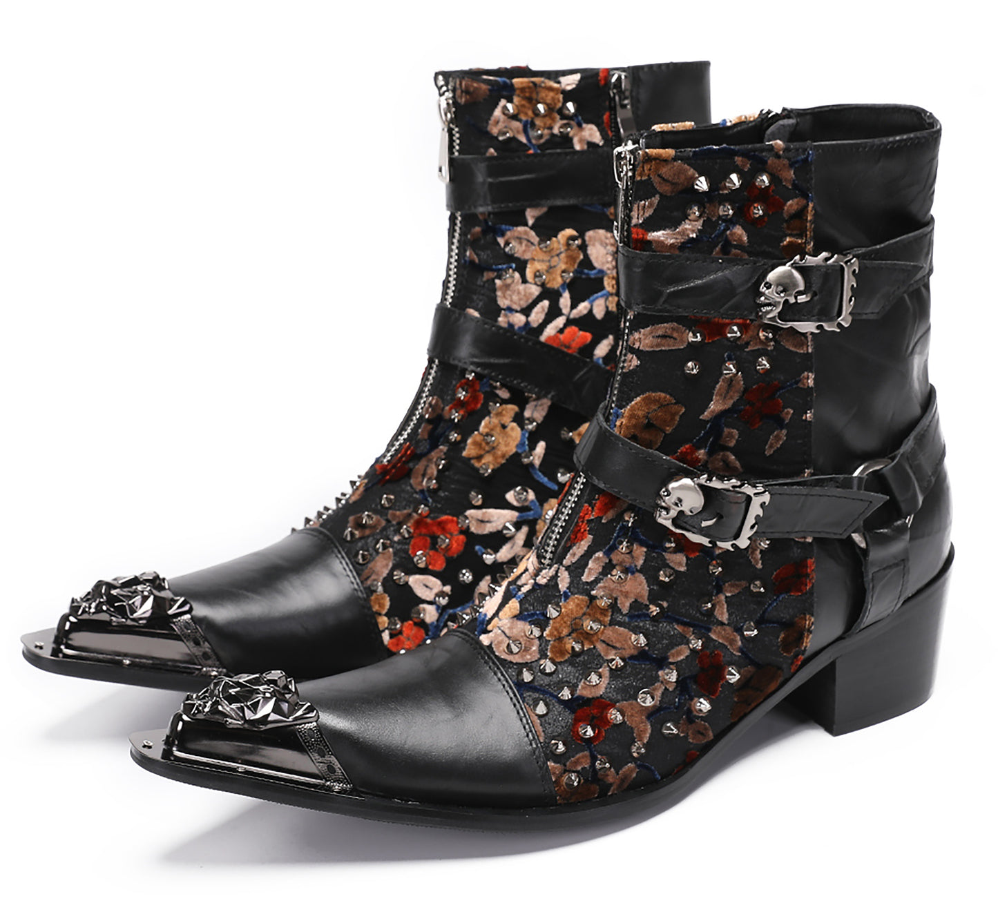 Mens Party Dress Metal-Tip Toe Skeleton Button Cowboy Western Boots