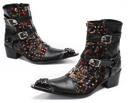 Mens Party Dress Metal-Tip Toe Skeleton Button Cowboy Western Boots