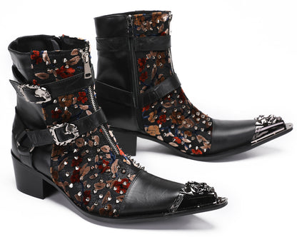 Mens Party Dress Metal-Tip Toe Skeleton Button Cowboy Western Boots