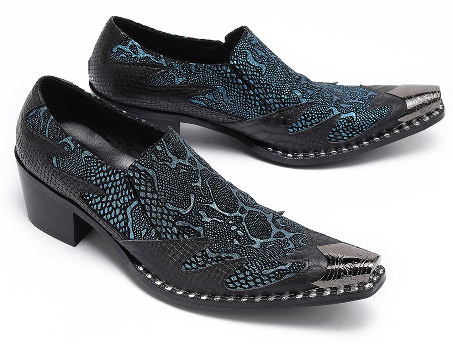 Mens Genuine Leather Two Tone Block Heel Western Loafers