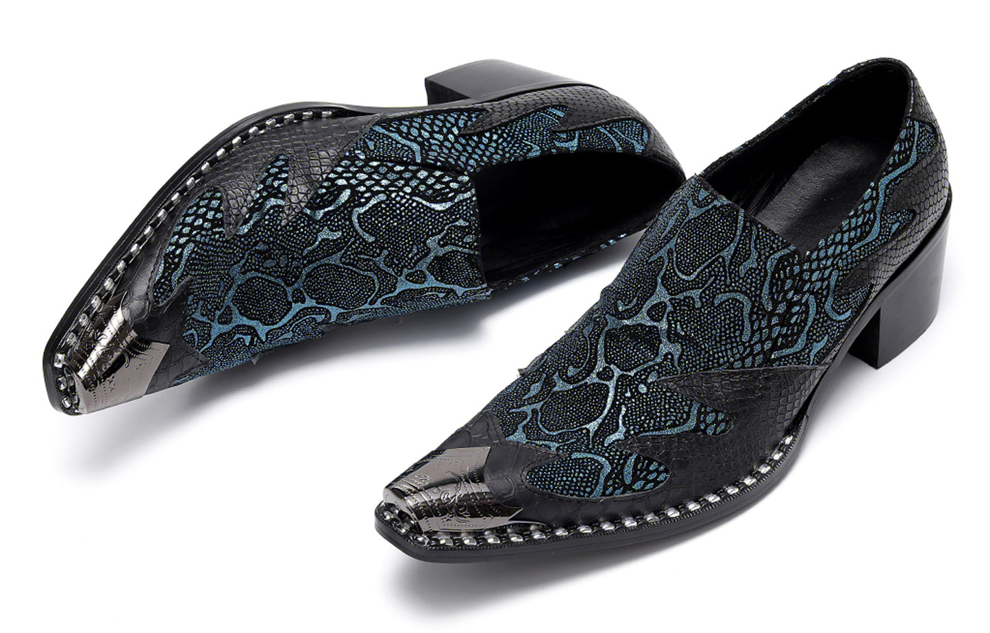 Mens Genuine Leather Two Tone Block Heel Western Loafers
