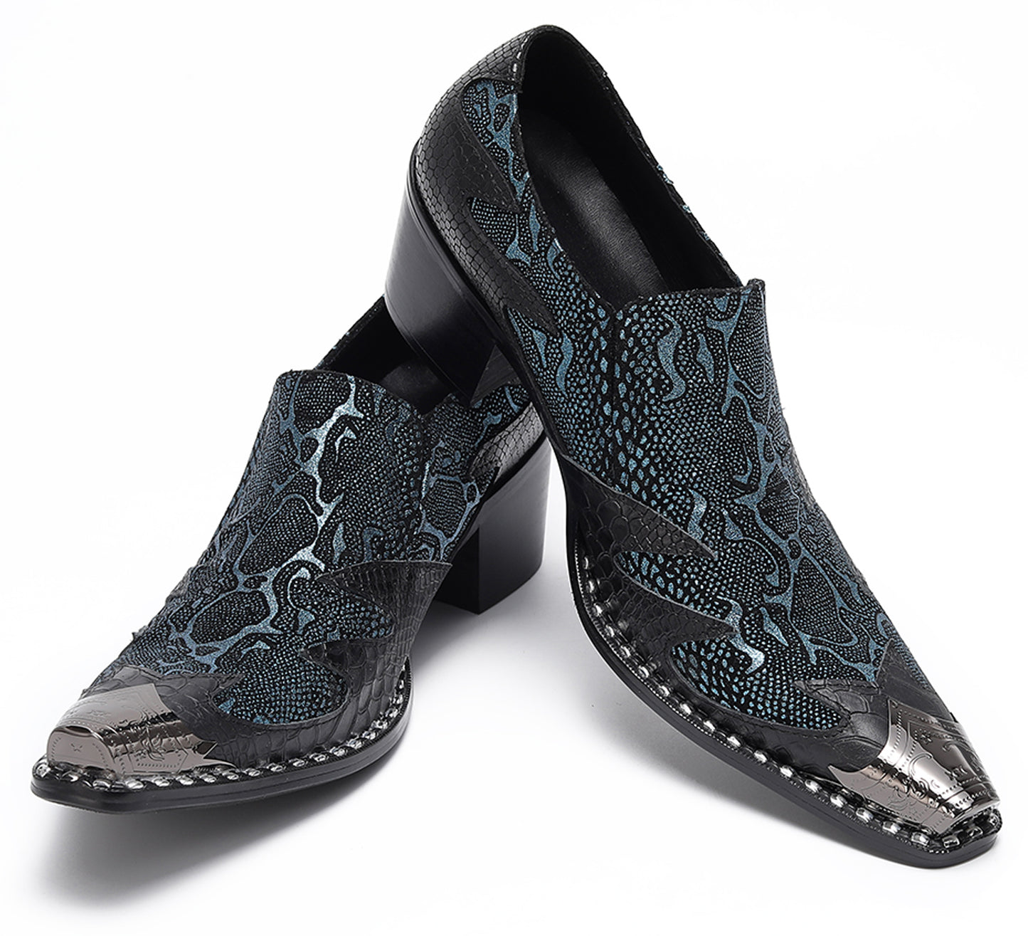 Mens Genuine Leather Two Tone Block Heel Western Loafers