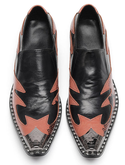 Mens Genuine Leather Two Tone Block Heel Western Loafers