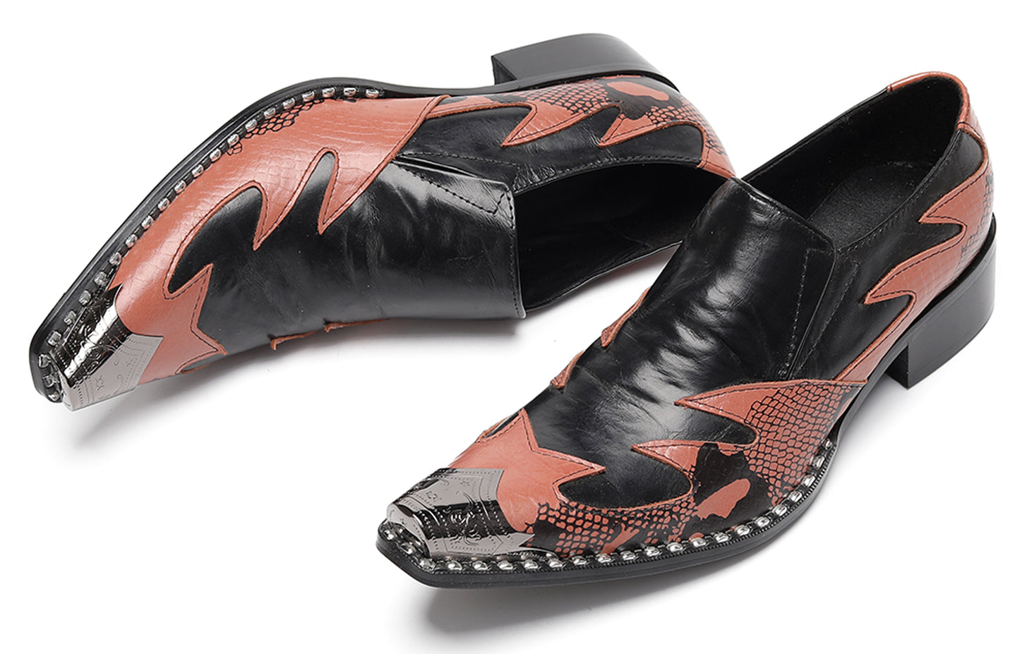 Mens Genuine Leather Two Tone Block Heel Western Loafers