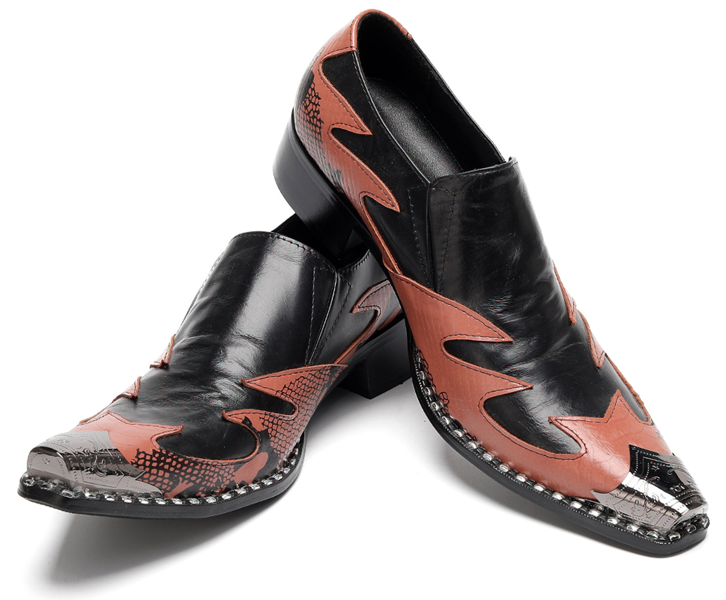 Mens Genuine Leather Two Tone Block Heel Western Loafers