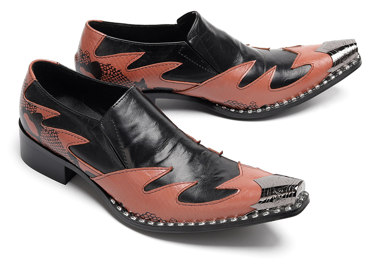 Mens Genuine Leather Two Tone Block Heel Western Loafers