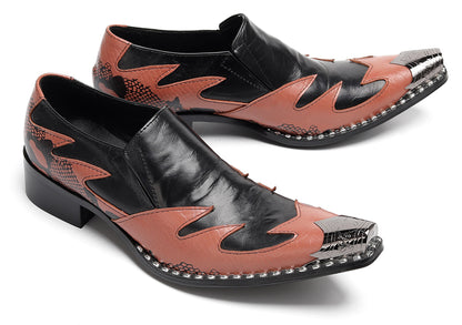 Mens Genuine Leather Two Tone Block Heel Western Loafers