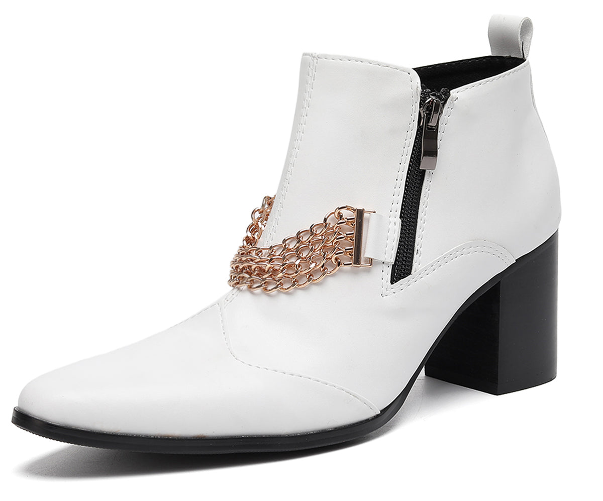 Mens Pointed Toe Zip Block Heel Chain Punk Ankle Boots
