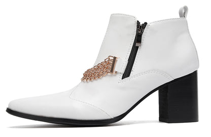 Mens Pointed Toe Zip Block Heel Chain Punk Ankle Boots
