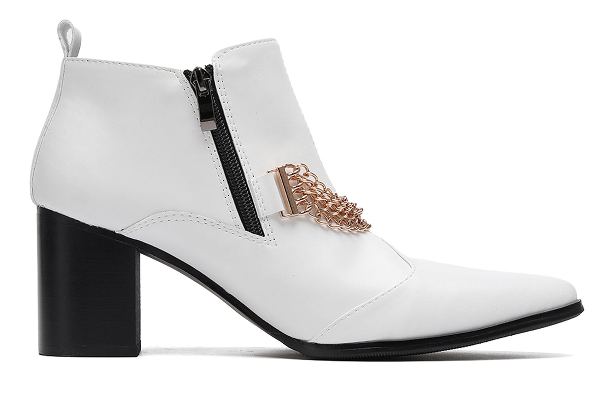 Mens Pointed Toe Zip Block Heel Chain Punk Ankle Boots