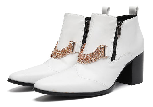 Mens Pointed Toe Zip Block Heel Chain Punk Ankle Boots
