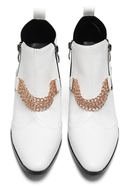 Mens Pointed Toe Zip Block Heel Chain Punk Ankle Boots