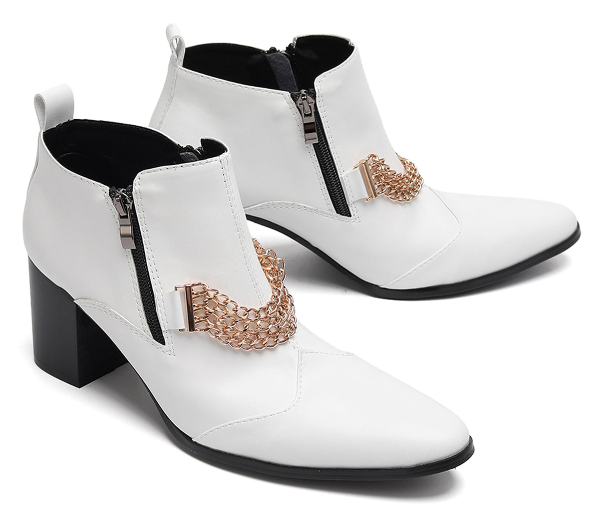 Mens Pointed Toe Zip Block Heel Chain Punk Ankle Boots